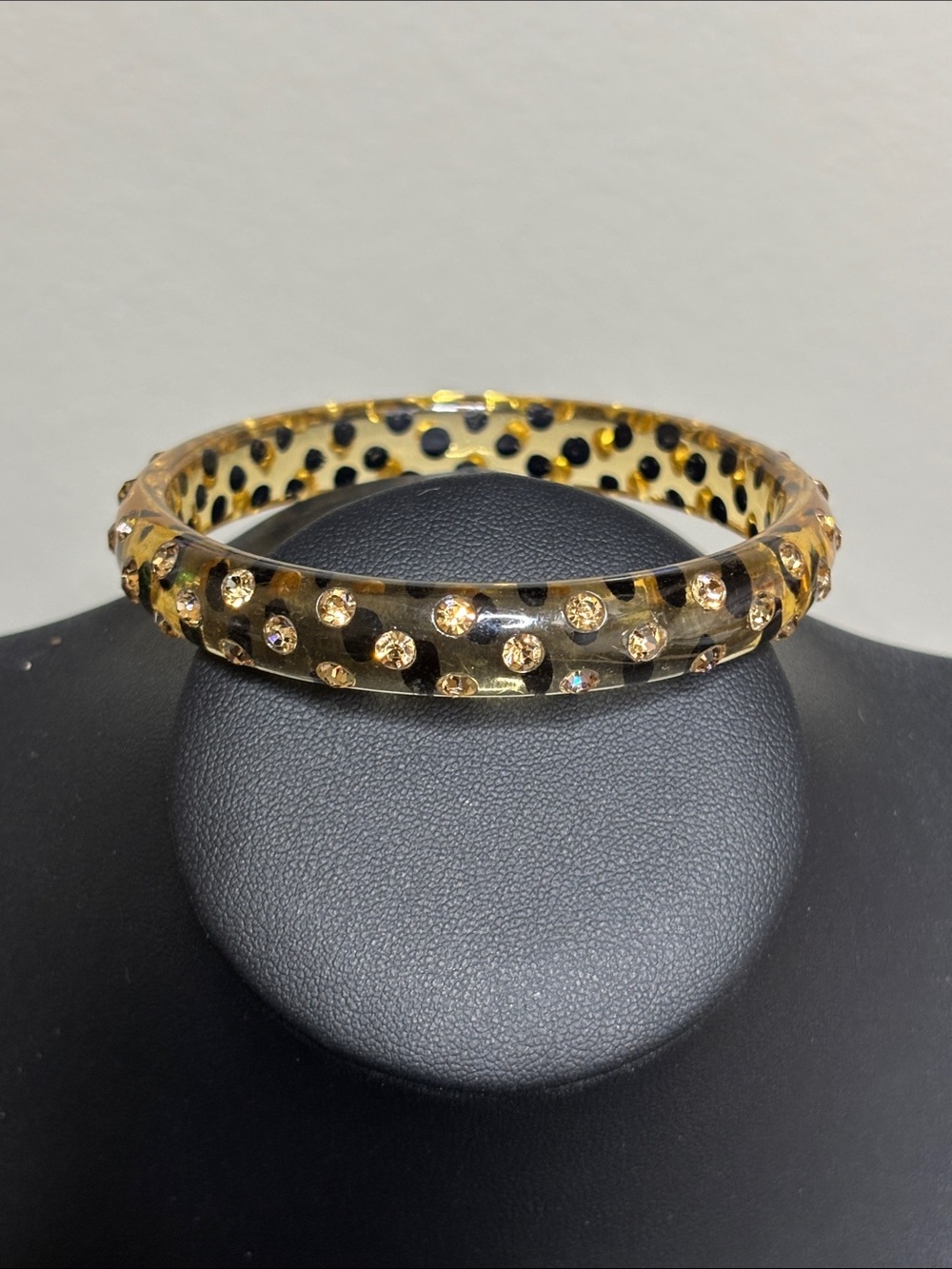 Gold Toned Polka Dot Resin Bangle with Crystal Accents Retro